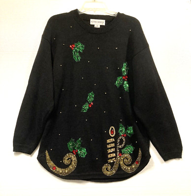 Victoria Harbour Womens Christmas Sweater M Black Holly Beaded Sequins