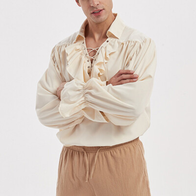 Mens Medieval puffy sleeve lapel tie shirt Casual loose prince shirt  Vintage HOT