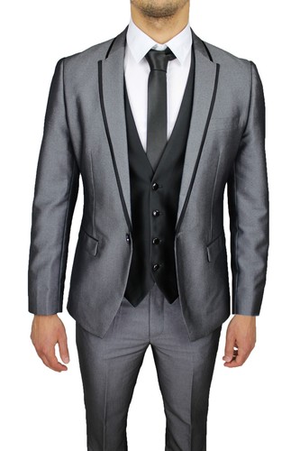 ABITO UOMO COMPLETO CON GILET E CRAVATTA SARTORIALE VESTITO GRIGIO RASO  LUCIDO | eBay