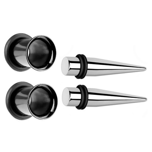 PAIR - 1 GAUGE (1g-7mm) STEEL EAR TAPERS & BLACK TUNNELS PIERCING STRETCHING KIT - 第 1/1 張圖片