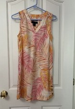 Tahari Linen Dress Knee Length Tropical Palm Patterned XS Orange Pink Resortwear