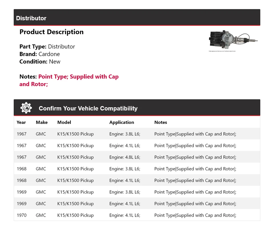 For 1967-1970 GMC K15/K1500 Pickup Distributor Cardone 1968 1969 - Image 2 of 4