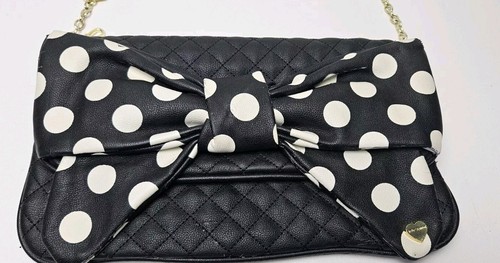 Betsey Johnson Black White Polka Dot Bowtie Shoulder Bag - Picture 2 of 17