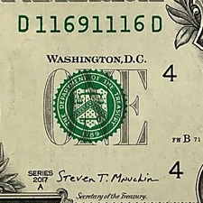 Five Of A Kind 1s Fancy Serial Number 2017A One Dollar Bill D11691116D FW Print