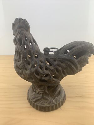 -Vintage Heavy Cast Iron Rooster Hanging Tea Light Candle Holder.10'' Tall