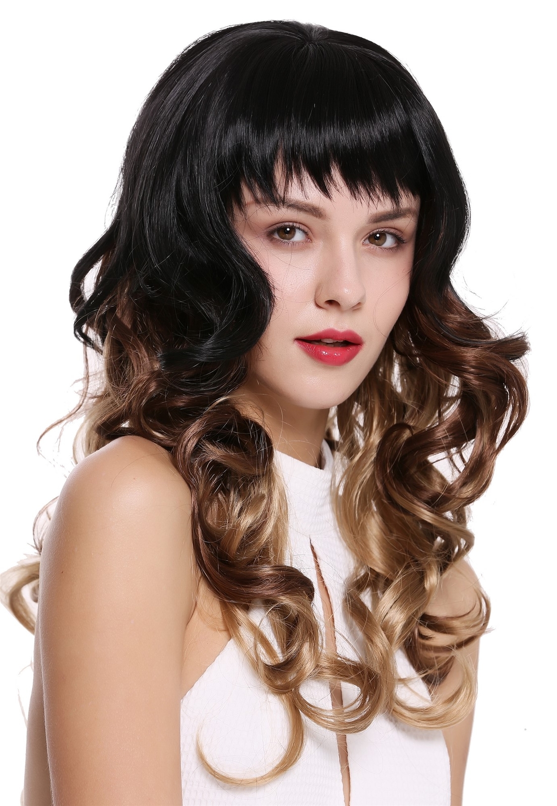 Long Ombre Wig with Fringe Curls in Black, Braun & Blonde Mix 55cm 1002A-G1B-30-19