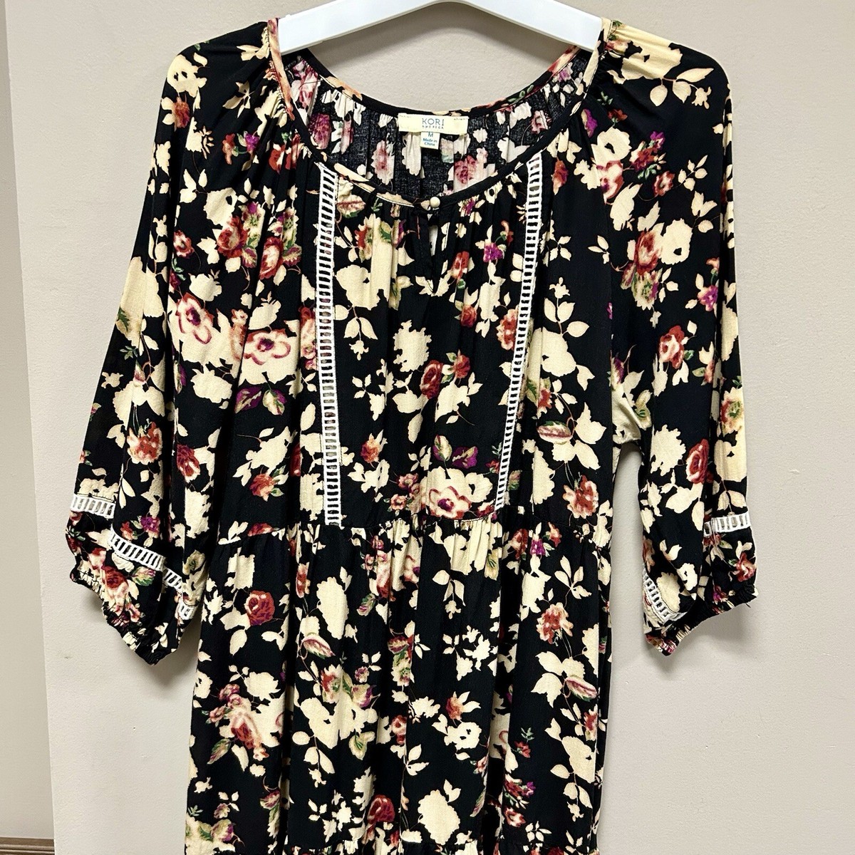 kori america maxi dress Maxi Dress Sleeve Monsoon Linen Dress Kori America Sz M Black Ivory Floral  Print Dress 👗
