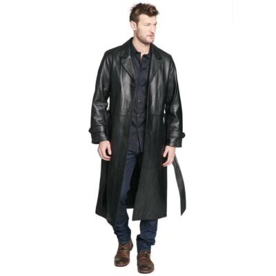 Men Classic Fit Causal Overcoat Leather Black Trench Coat Real