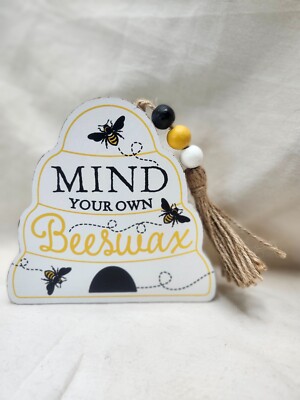 Mind Your Own Beeswax Beehive Shaped Sign with Bead Garland Accent Spring 2024