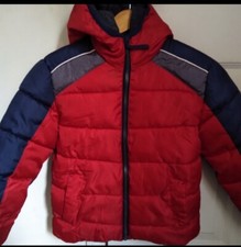 HAWKE CO BOYS RED / NAVY/GREY PUFFER JACKET WITH HOOD - FULL ZIPPER SIZE:7