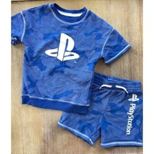 PlayStation Outfit Set Camo Blue Short Sleeve Top  Shorts Kids Size S