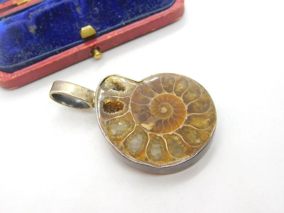 Colgante grande fósil de amonita montado en plata de ley de colección c1950 Foto 2 de 4