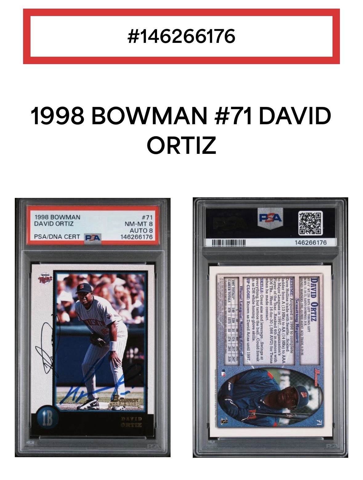 1998 Signed Bowman Rookie David Ortiz HOF  #71 PSA
