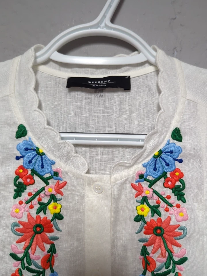 Weekend Max Mara Linen Shirt White Floral Embroidered Top Button Up Scallop Edge - Image 4 of 4