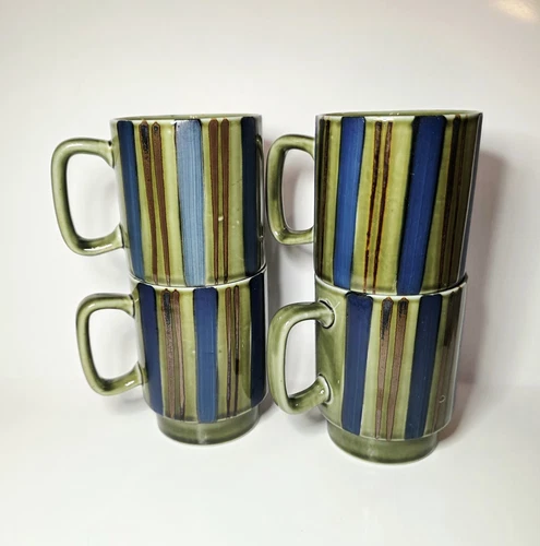 Otagiri Style 4 Green Blue Brown Striped 1970's Stackable Ceramic Coffee Mugs 