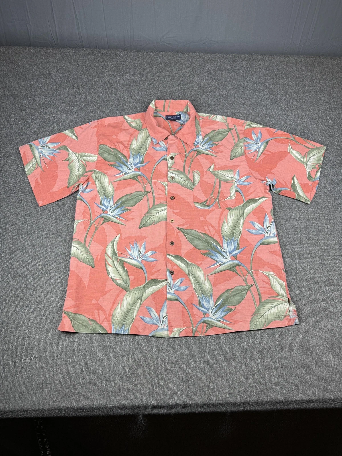 Peter Tilokani Shirt Mens Large Pink Silk Floral Hawaiian Bird of Paradise Relax