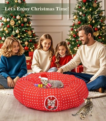 Pawaboo Cat Tunnel Bed Under Christmas Tree 35.4'' Toy Circle Red Star B20