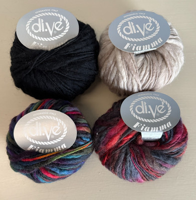 LOT of 4-Di.Ve Fiamma Bulky Italian Yarn-100% Wool-Black/Natural/Variegated