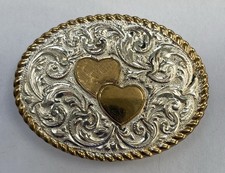 Vintage Crumrine Oval Western Belt Buckle - Silver  Gold Tone Hearts