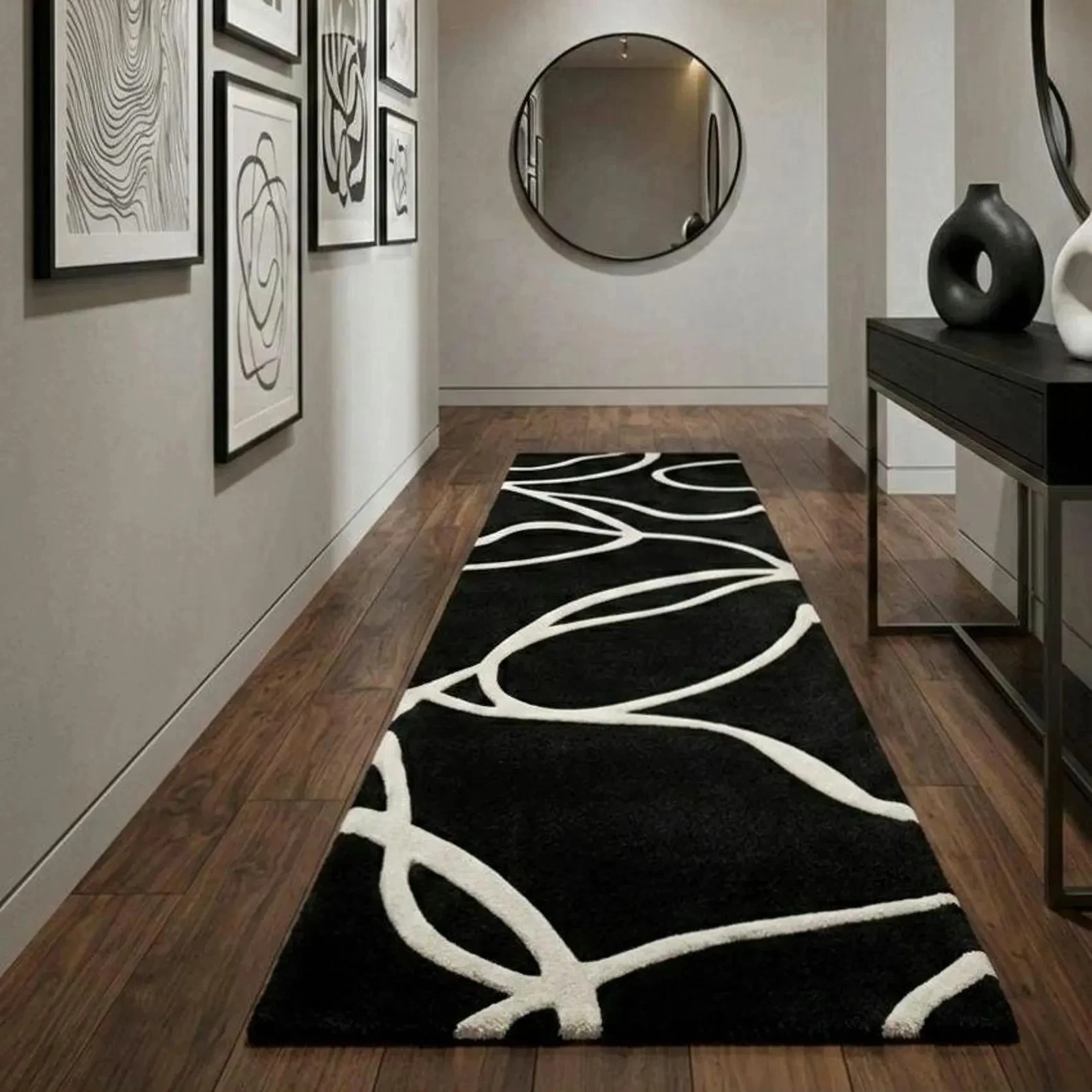 Hand Tufted Black, White Abstract Runner Rug, Modern Hallway Minimalist Carpet