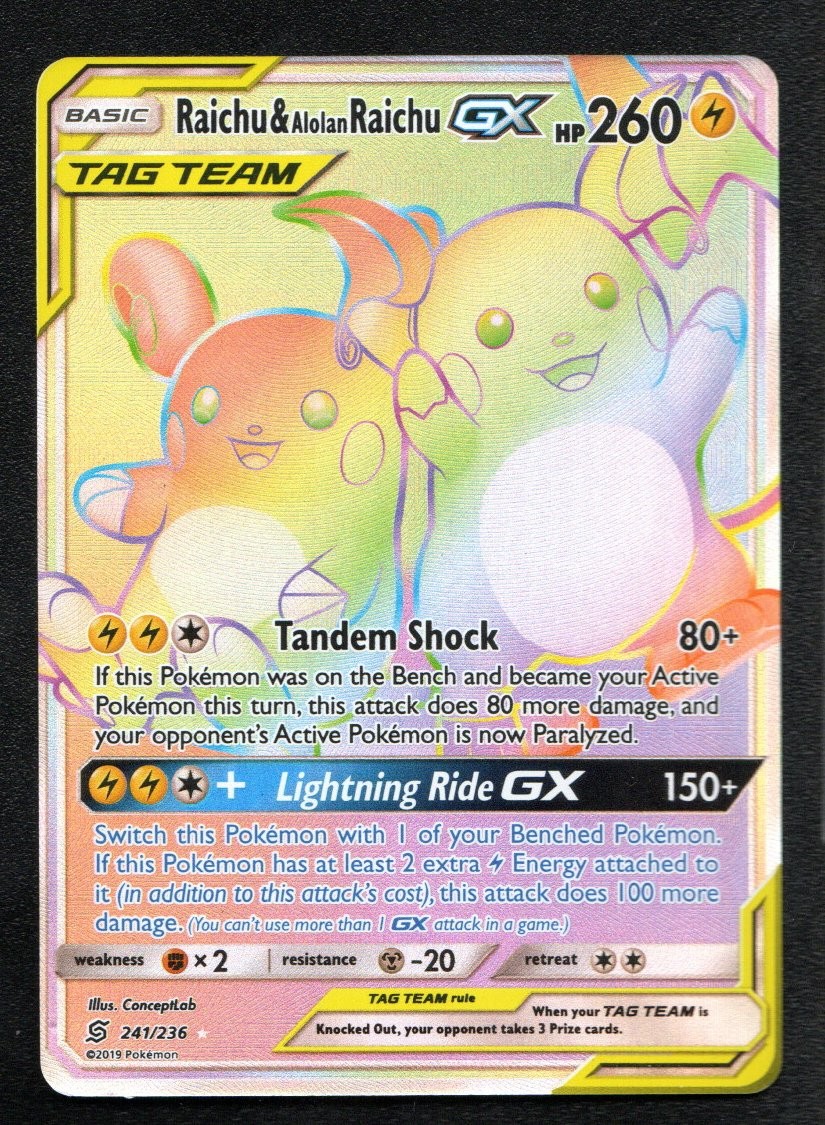 Raichu & Alolan Raichu GX (Secret) Holo Secret Rare SM  Unified Minds 241/236 NM