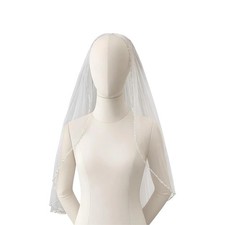White Tulle Fingertip Wedding Veil Crystal Beaded Edge Single Tier Bridal 31.5in