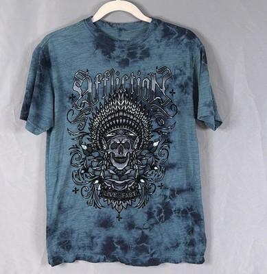 Affliction T-Shirt Mens Small Blue Skull Live Fast Biker Graphic Grunge Tie-Dye