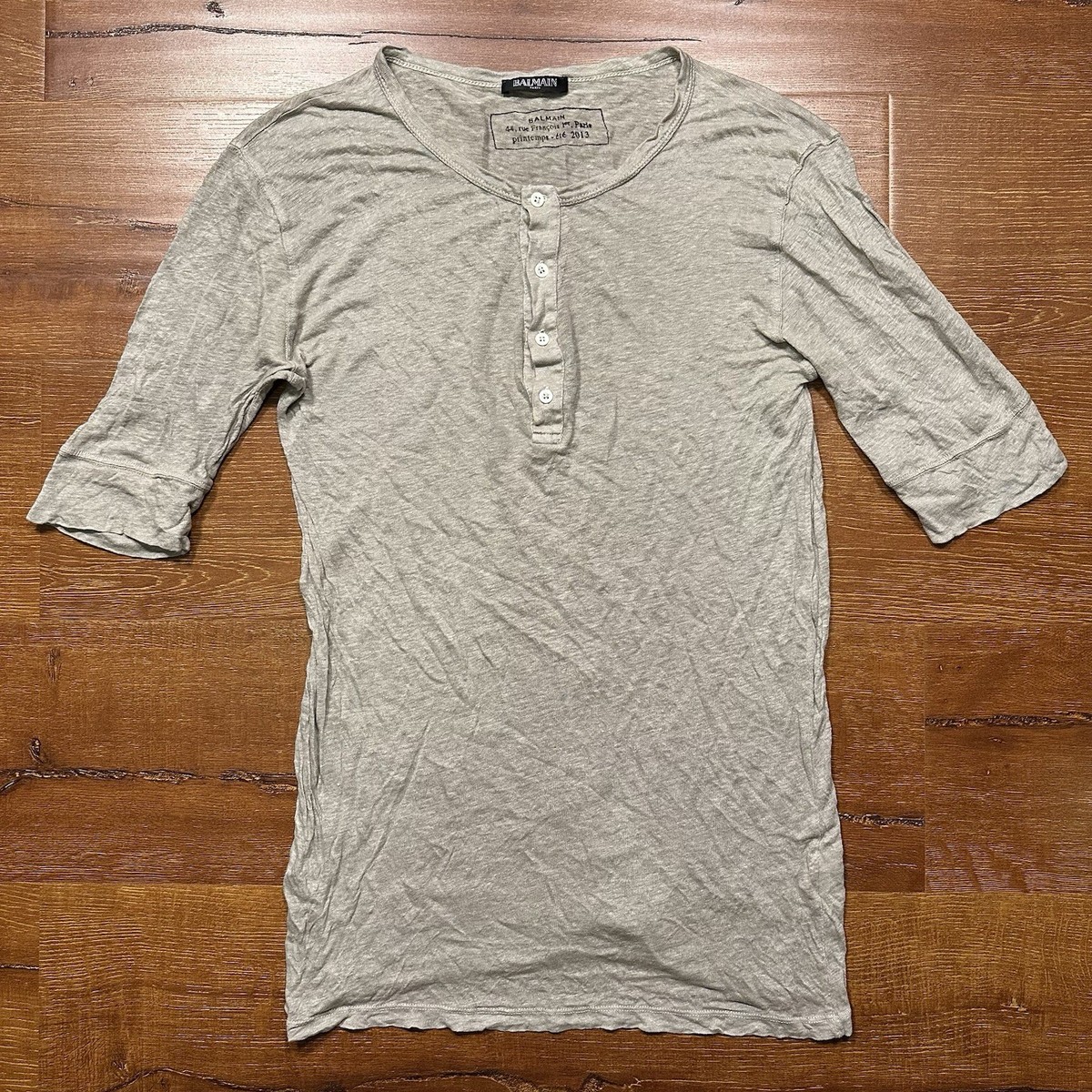 Balmain Paris Henley Shirt Mens M Beige 100% Linen 3/4 Sleeve Luxury Avant  Garde