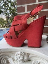 VINTAGE-LOOK PLATFORMS HIPPIE BOHO CORAL RED SUEDE SANDALS SIZE 7.5