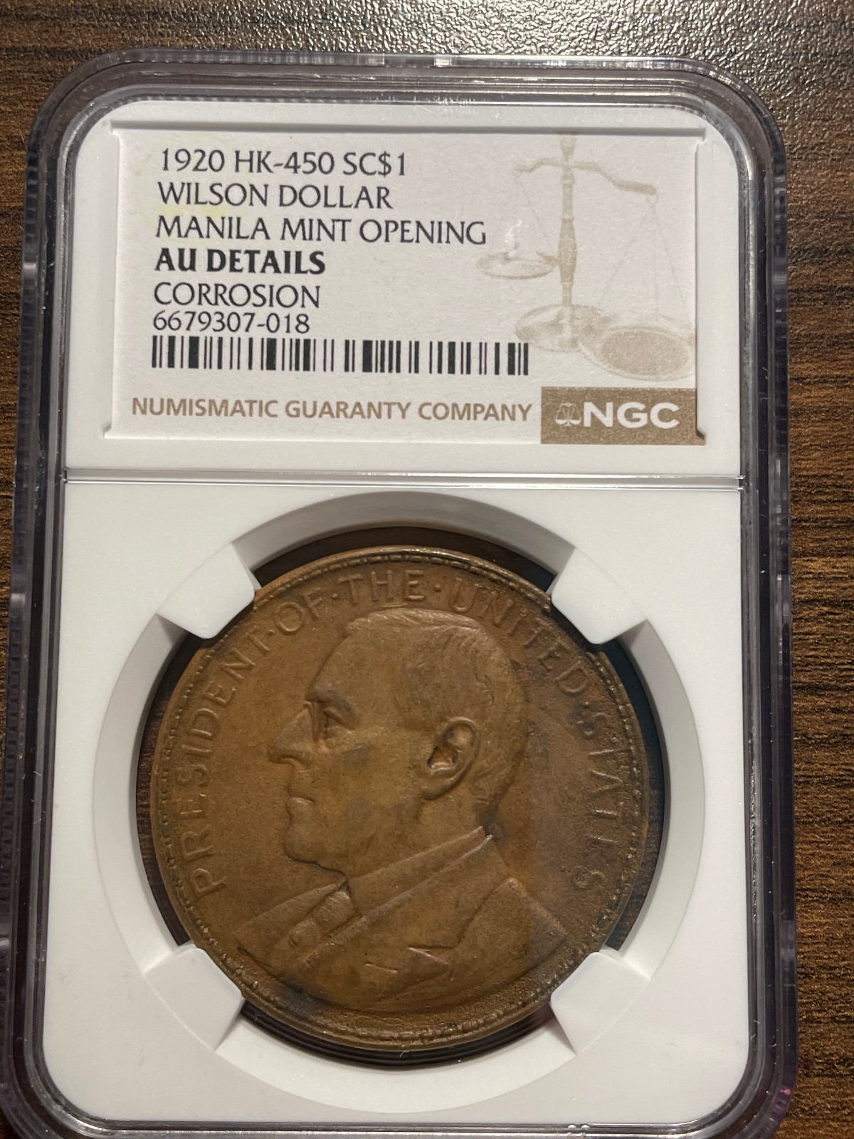 1920 HK-450 SO CALLED DOLLAR Wilson Dollar Manila Mint Opening NGC AU Details Co