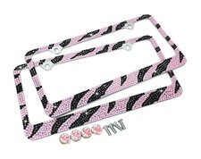 2 Pcs 7 Rows Pink Zebra Bling Crystal License Plate Frame