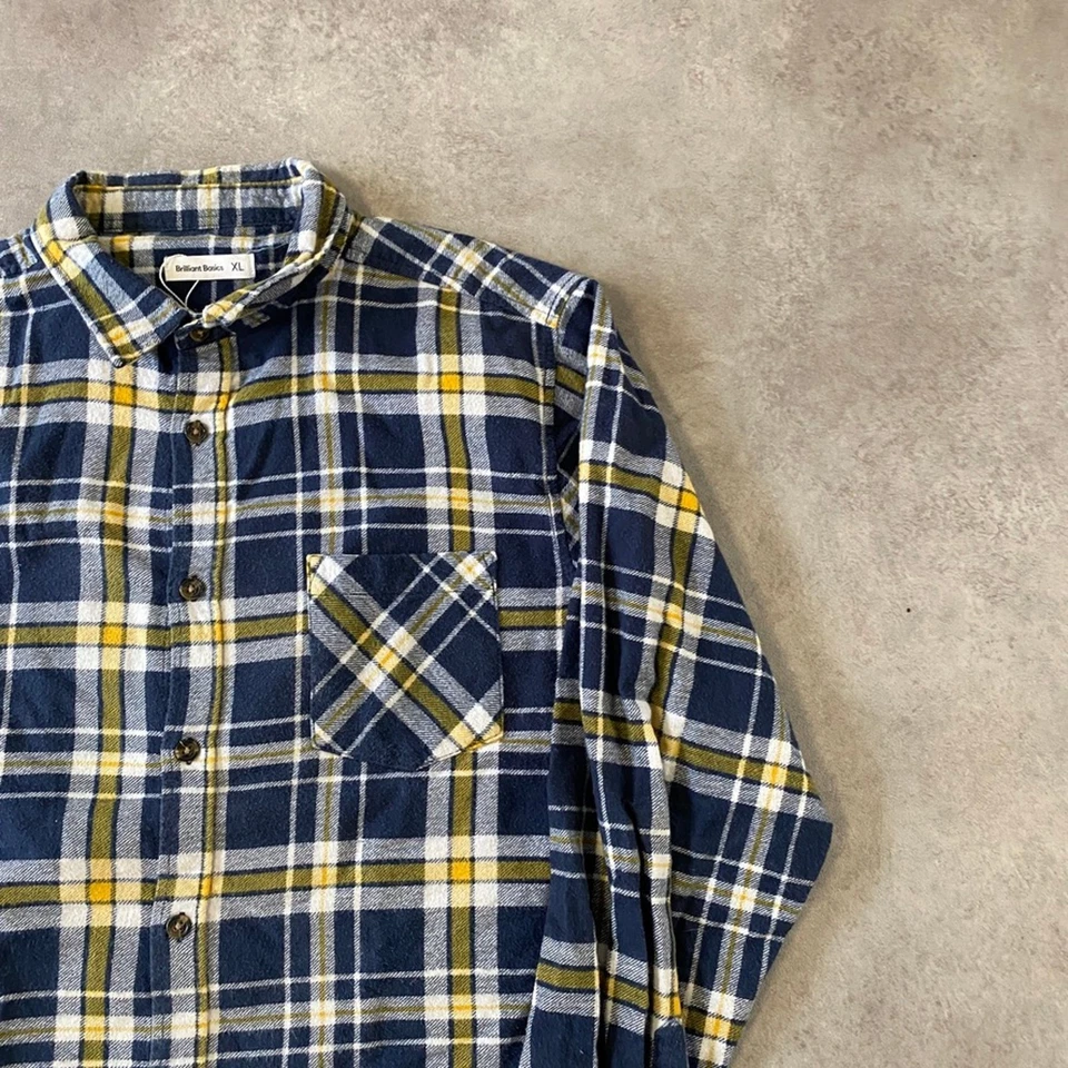 Brilliant Basics Plaid Shirt Mens XL 90s Button-Up Long Sleeve Top, Blue Yellow - Image 2 of 4