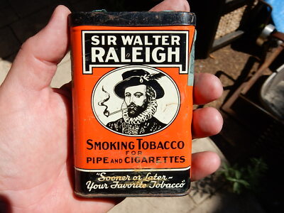 SIR WALTER RALEIGH TIN TOBACCO CAN PIPE VINTAGE OLD CIGARETTE SMOKE AD VNT 