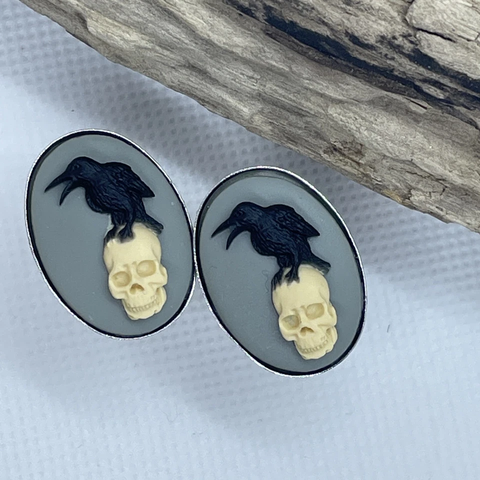 Gemelos camafeo calavera de cuervo gótico steampunk negro plata plata BODA PAPÁ HIJO Foto 2 de 4