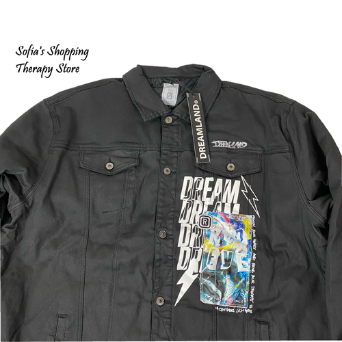 DREAMLAND Men's Sz 6XL Black Denim Jacket Patches Embroidered Print Streetwear - Picture 4 of 9