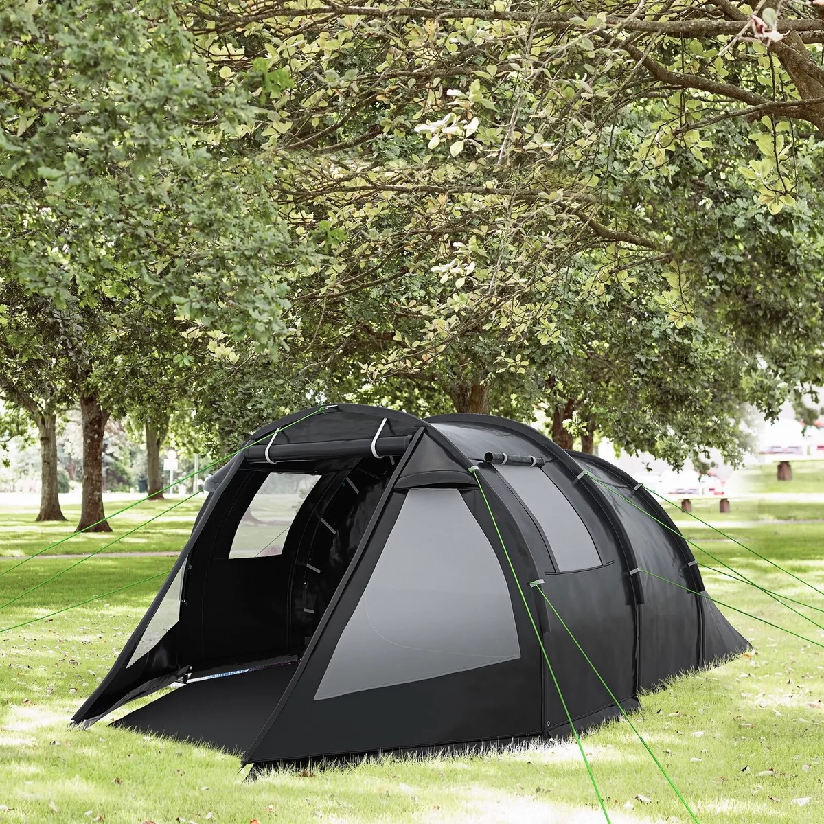 3-4 Persons Tunnel Tent, Two Room Camping Tent with Windows Black