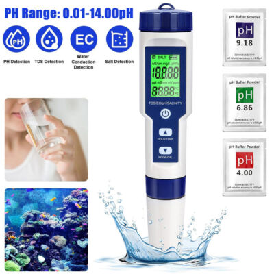 5 IN 1 Digital Wasser Qualität Tester Stift PH/EC/Salzgehalt/Temp Meter Mit ATC