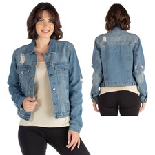24seven Nwot Women's M Blue Washed Distressed Flap Pockets Classic Jean Jacket