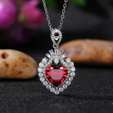Heart Shape Halo Necklace 14K White Gold Plated 2.3Ct Heart Cut Lab Created Ruby