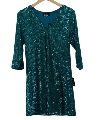 Lulus All Nighter Turquoise Sequin Shift Dress 3/4 Sleeve Size Medium NWT