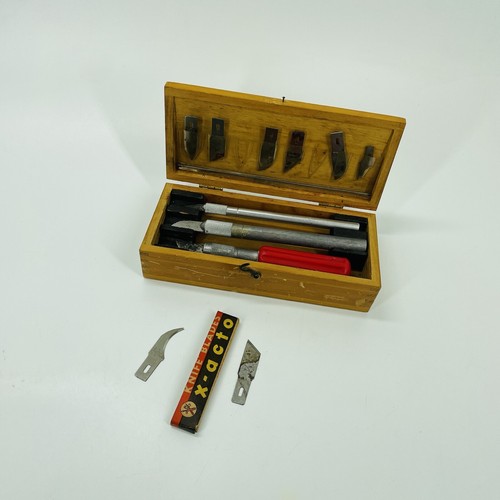 VINTAGE XACTO Knife Set in wood box w/ 3 knives, 1 blades & rare saw