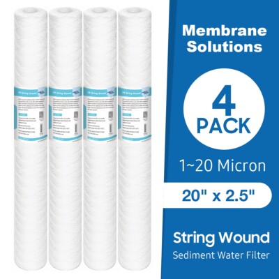 4 Pack 1/5/10/20 Micron 20'' x 2.5'' String Wound Sediment Water Filter Cartridges