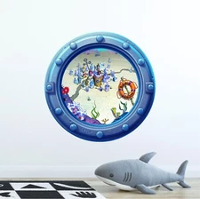 Cartoon Porthole 3D Window Wall Decal Ocean Sea Bottom Town Wall Sticker Decor