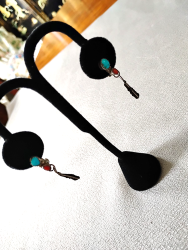 Orecchini Vintage Argento Sterling Turchese Corallo Etnico Pendente Boho Donna Clip On - Foto 3 di 5