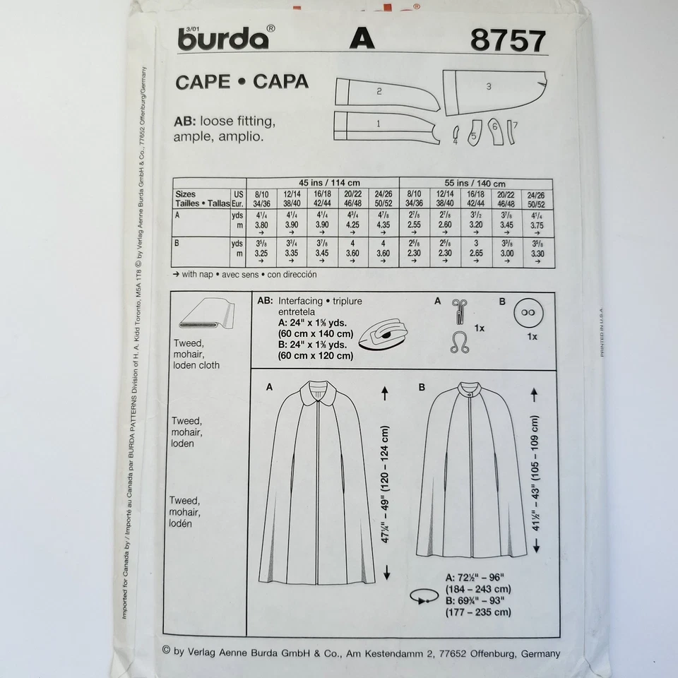Capa de mujer Burda Pattern 8757 años 90 hasta la rodilla agujeros de brazo 8-26 Foto 3 de 3