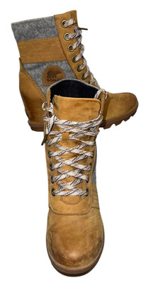 SOREL LEXIE WEDGE BOOTS WOMENS CAMEL BROWN LEATHER GRAY FABRIC WATERPROOF SZ 10