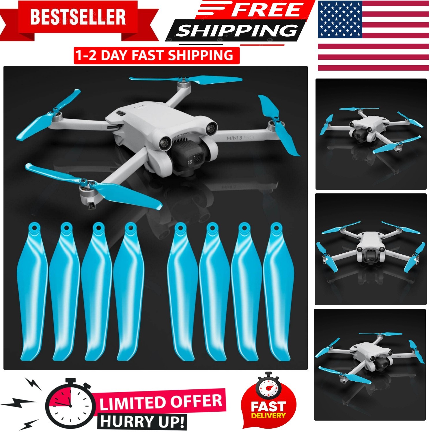 Stealth Propellers for DJI Mini 3 Pro & Mini 4 Pro - Blue, 4 propellers in Set