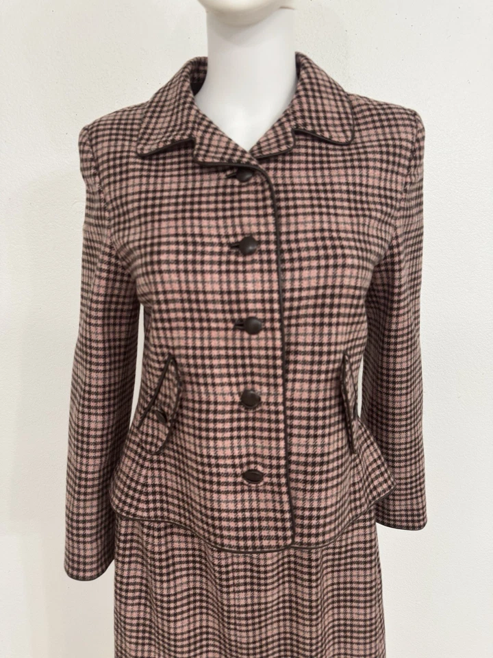 Traje Falda Oscar de la Renta 100% Cachemira Rosa Marrón Con Acento Cuero Est 12 Foto 2 de 4