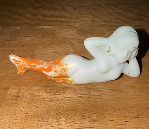 Fantasy Mermaid Figurine Reclining White w/ Orange Tail, Small Approx. 3.5 in