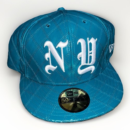 Supreme New Era Quilted Leather NEW YORK NY YANKEE Fitted Cap Hat Sz 8 TEAL - Picture 2 of 5